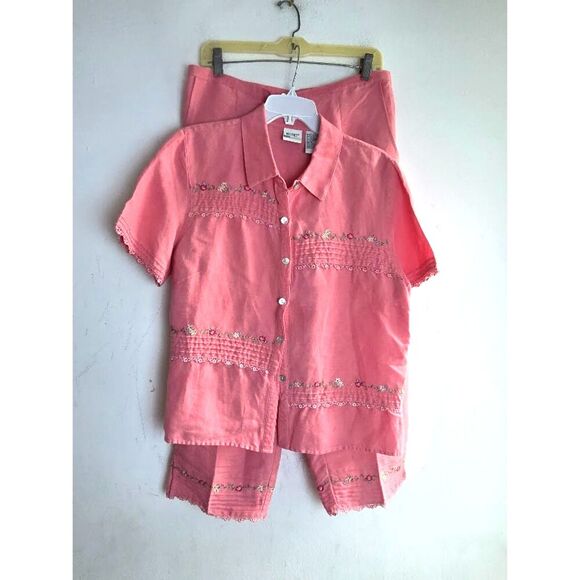Koret Pink w/Floral Embroidery Linen Blend Button Up/Ankle Pants Set size 14 - Picture 1 of 9